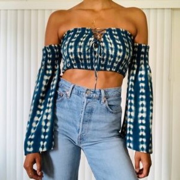 Tori Praver St. Barth's Island "Avril" Smocked Crop Top Shibori Tie Dye Size L - Picture 1 of 8